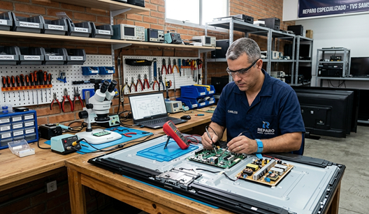 Técnico consertando TV Samsung